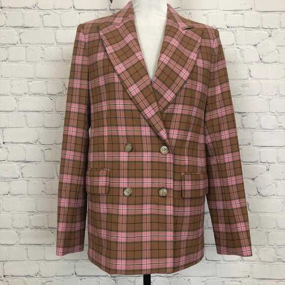Aritzia Wilfred Margaux Plaid Double Breasted Blazer Size 4 Pink Brown - Picture 1 of 7